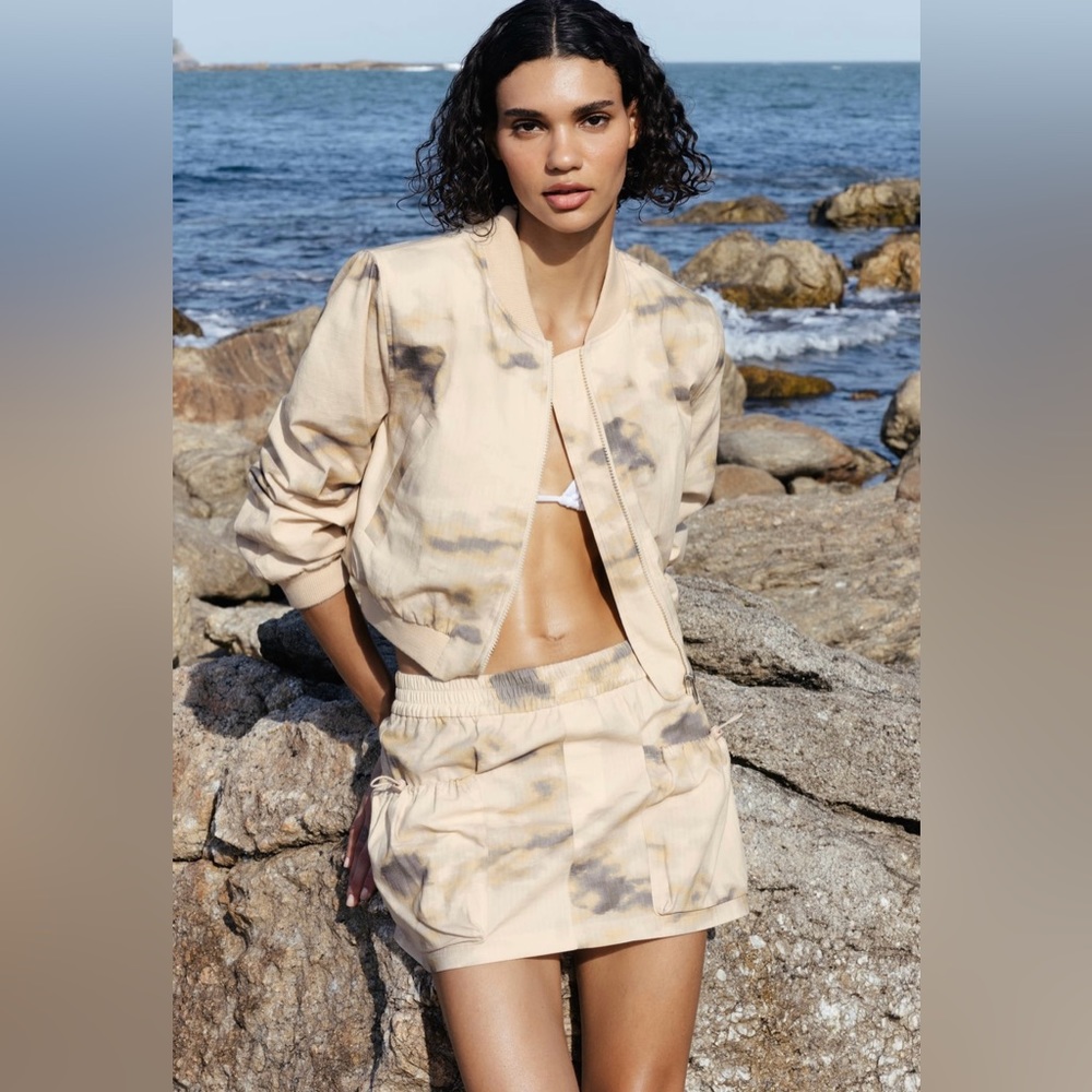 Zara New Beige COTTON Mini Cargo Skirt S Camouflage Elastic Waist Drawstring